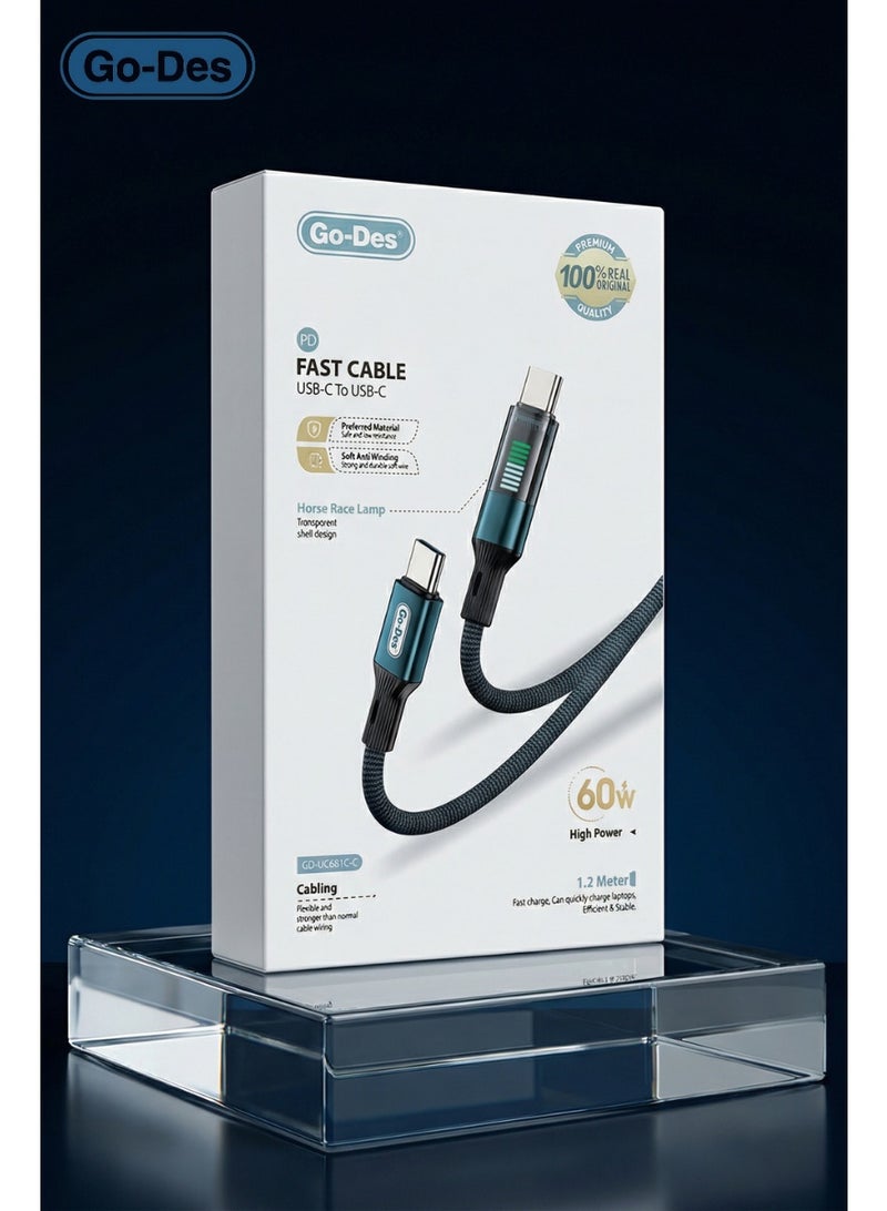 جو-ديز كابل Go-Des USB-C إلى USB-C بقدرة 60 واط بطول 1.2 متر مضفّر للشحن السريع (PD) مع مؤشر LED (إضاءة متحركة) – سلك ناعم مضاد للتشابك ومتِين لأجهزة آيفون 17/16/15 وآيباد برو وماك بوك Air/Pro وديل XPS وسامسونج جالاكسي S24/S23 Ultra وشاومي وهواوي ولينوفو وأسوس - Image 5